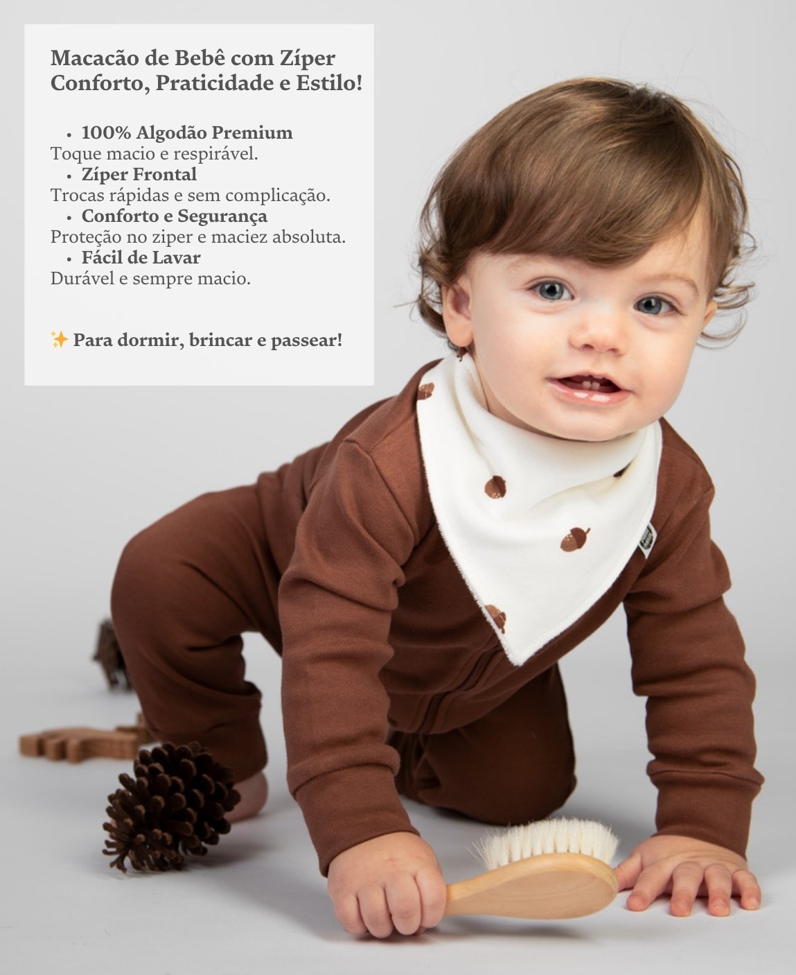 Macacão de Bebê Ziper com opção de Pezinho | Liso Oak