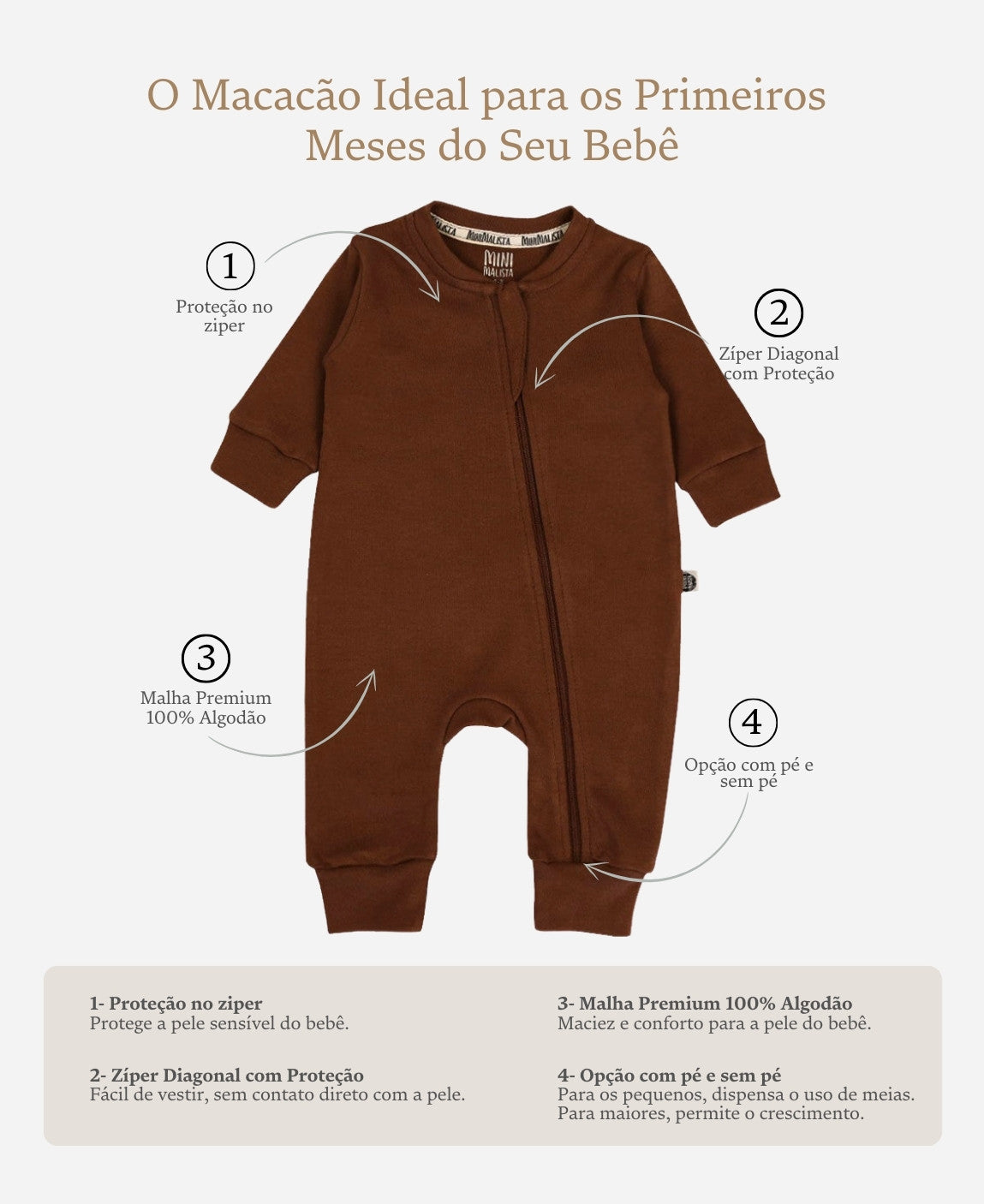Macacão de Bebê Ziper com opção de Pezinho | Liso Oak