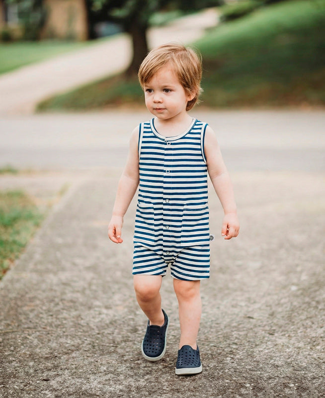Macaquinho de Verão Botões Regata Unissex | Listrinhas Navy