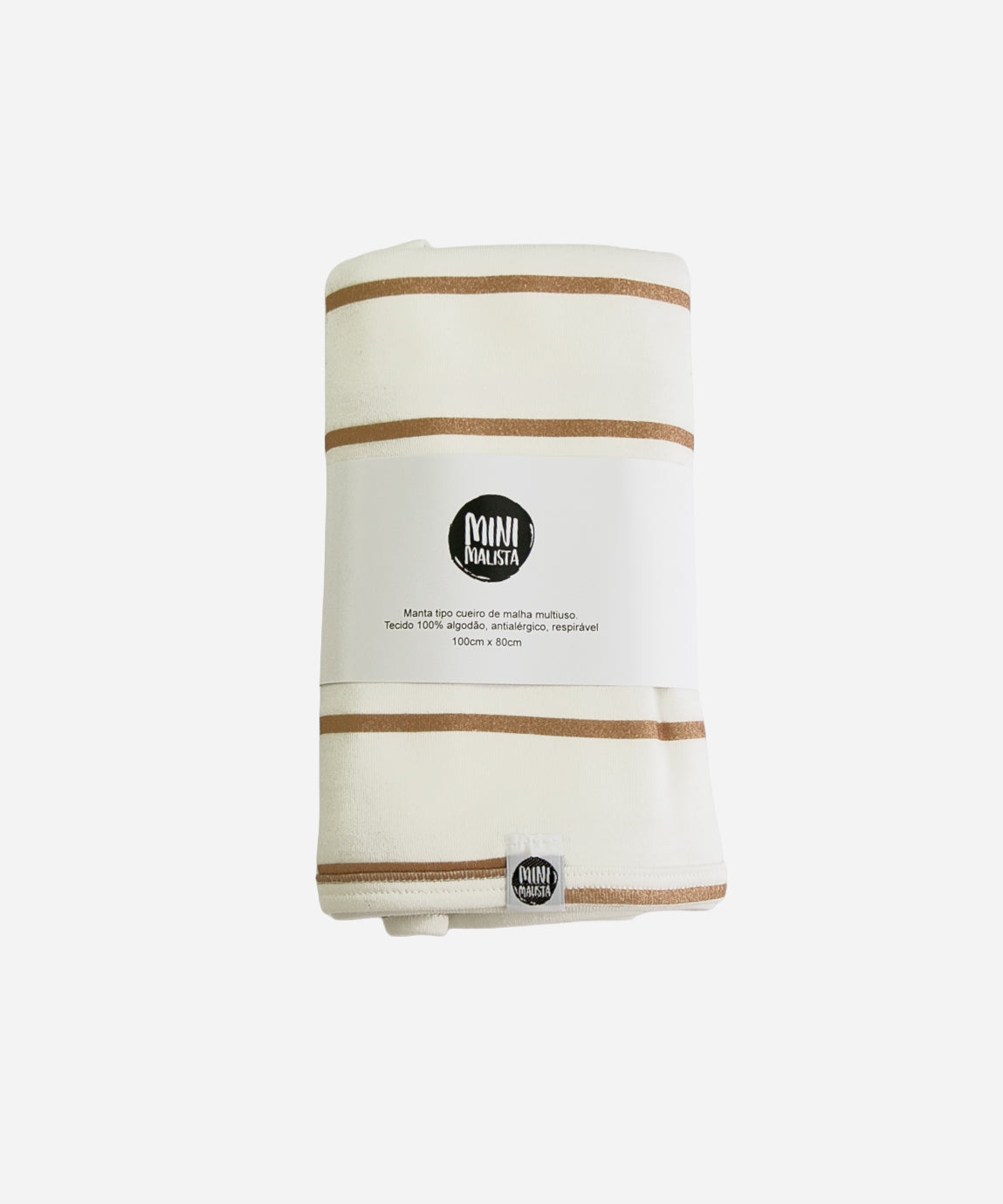 MiniMalista Manta de Malha de Algodão para Bebês em Listras Caramelo, vista frontal. Listras caramelo e Branco Off, 100% algodão, 80x100cm. Manta de bebê unissex para passeio, amamentação e berço.