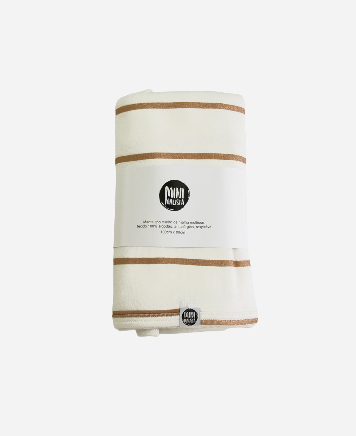 MiniMalista Manta de Malha de Algodão para Bebês em Listras Caramelo, vista frontal. Listras caramelo e Branco Off, 100% algodão, 80x100cm. Manta de bebê unissex para passeio, amamentação e berço.