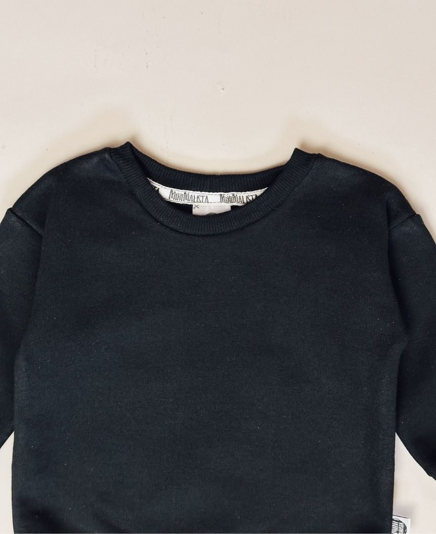 Moletom Básico Peluciado Liso Preto MiniMalista Baby — blusa fechada sem capuz sem zíper, gola redonda em ribana, algodão peluciado 100% antialérgico, fit normal relaxado.