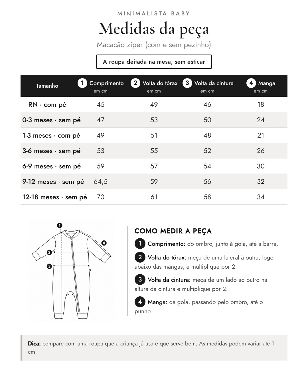 Medidas da peça - Macacão zíper