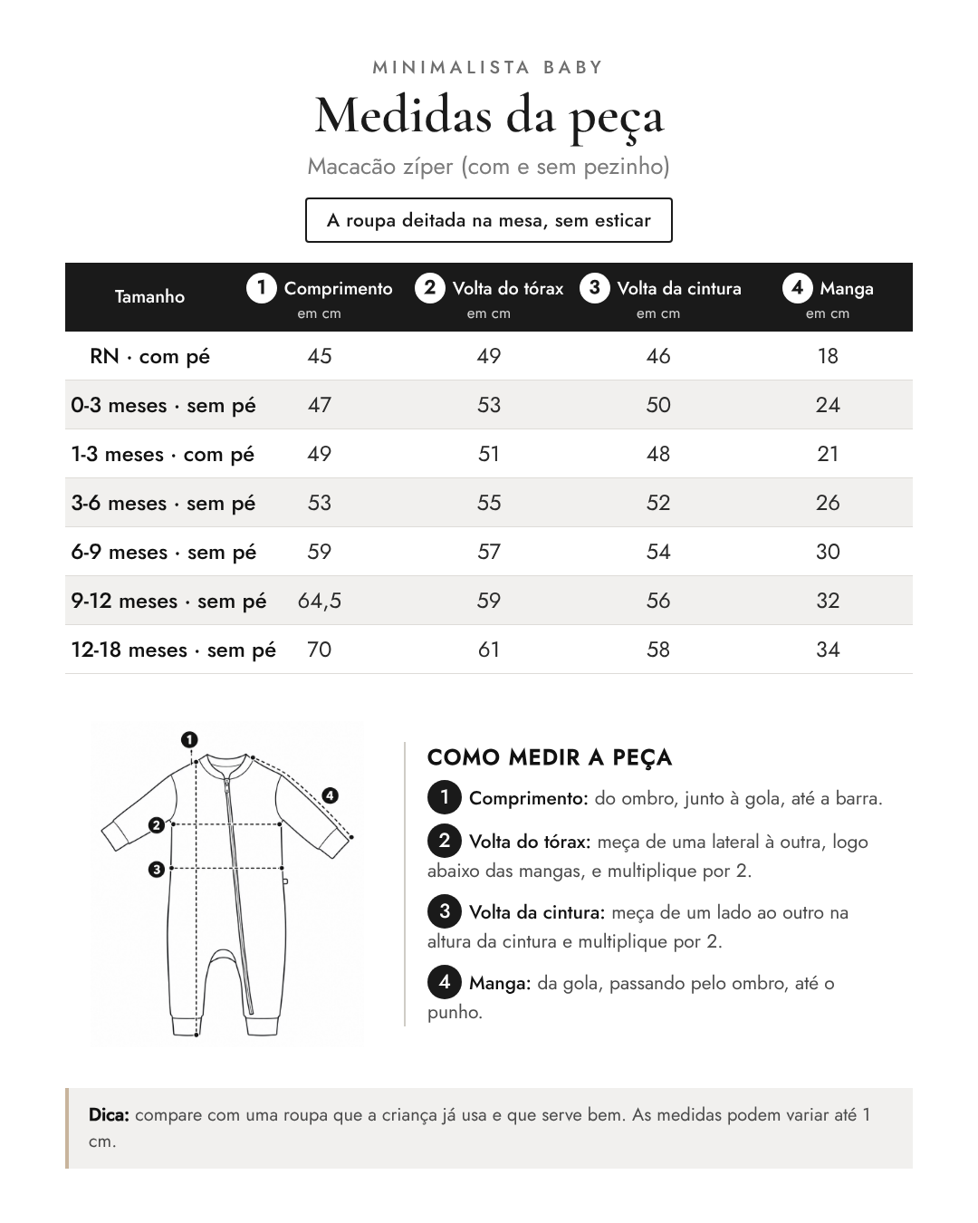 Medidas da peça - Macacão zíper