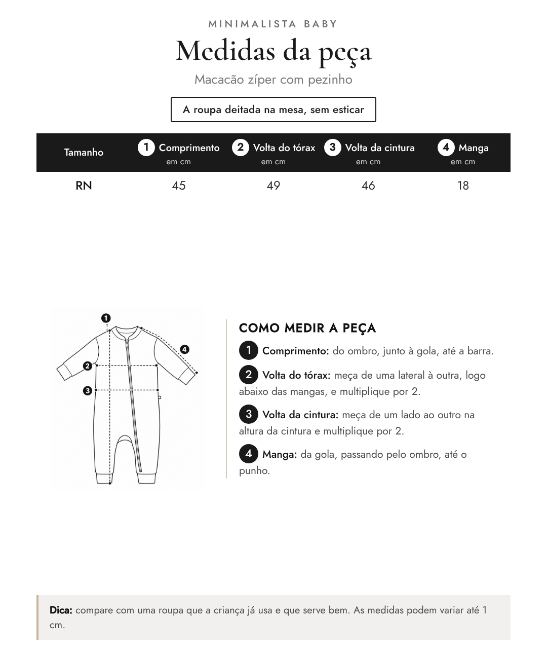 Medidas da peça - Macacão zíper