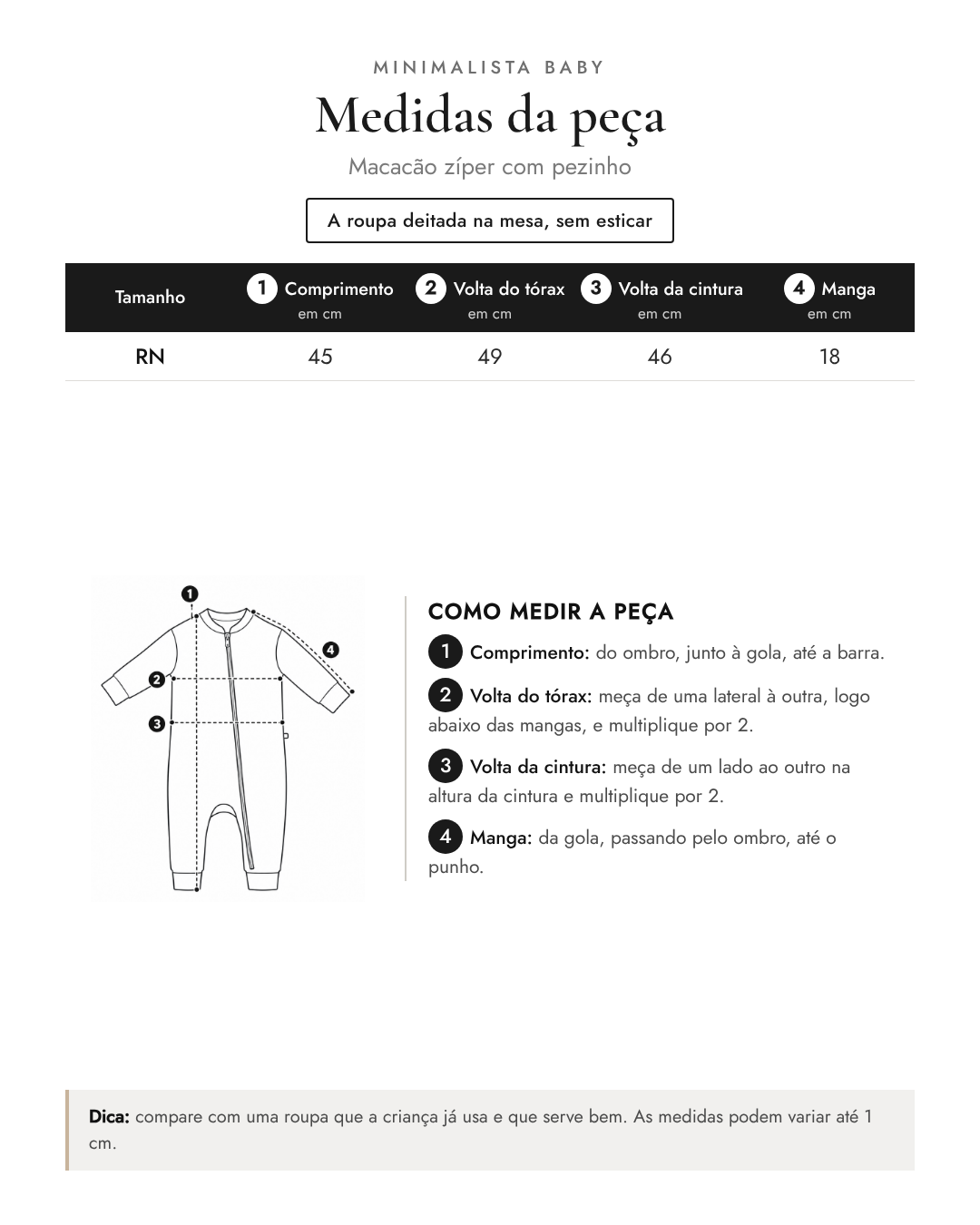 Medidas da peça - Macacão zíper