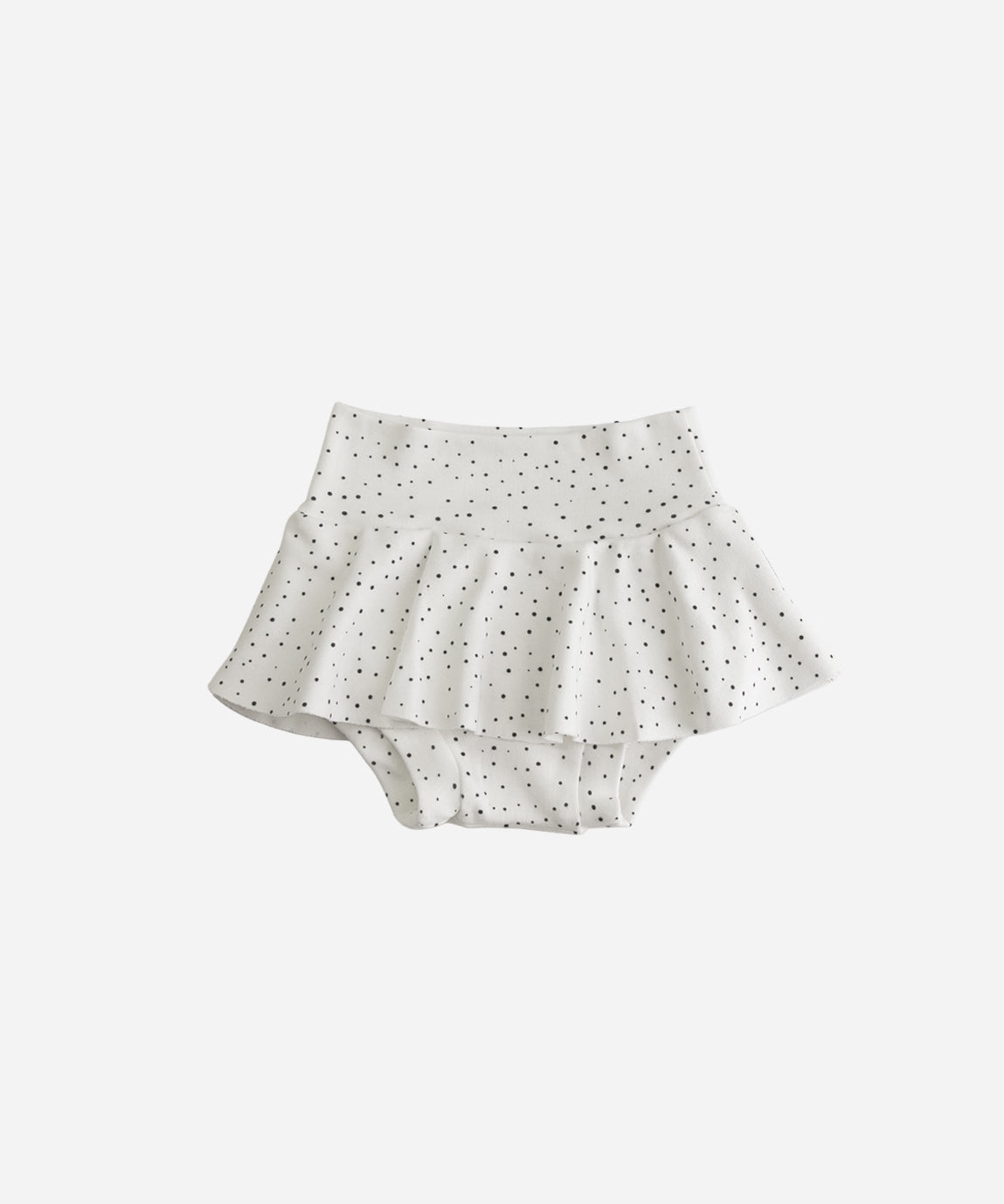 Saia Boomies de Bebê Bolinhas Claro (poá escuro sobre Branco Off) com shortinho tapa-fralda embutido — Coleção Back to Basics, 100% algodão — MiniMalista Baby
