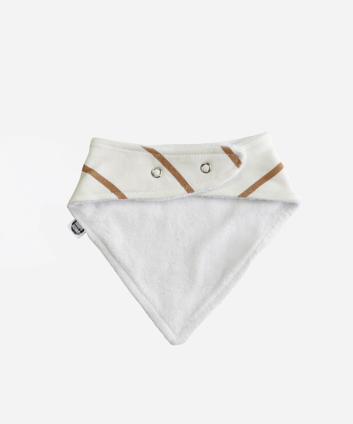 MiniMalista Babador Bandana Listras Caramelo, vista de costas com os 2 botões de ajuste no pescoço. Babador de bebê em algodão, bandana bib unissex para menino e menina.