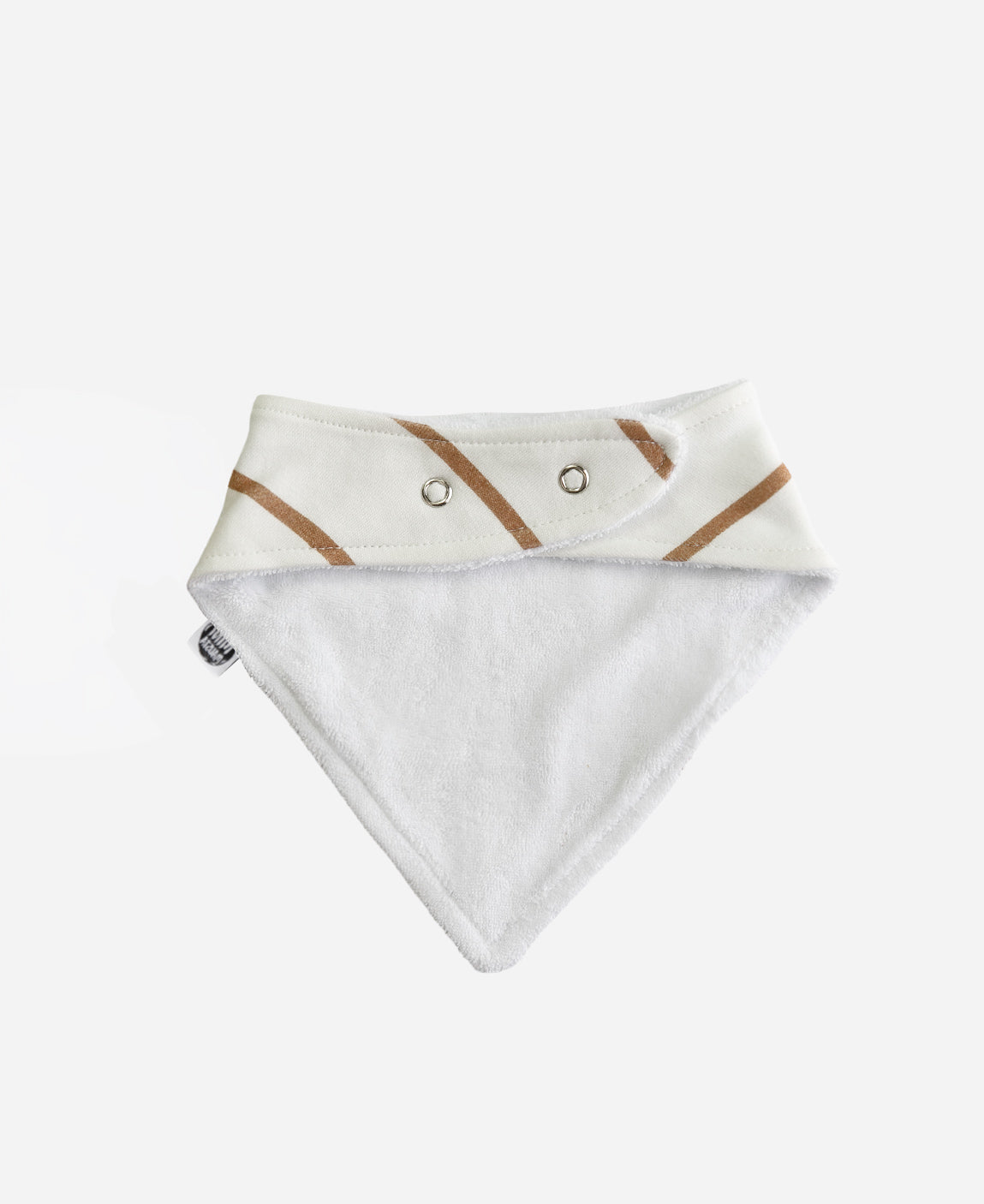 MiniMalista Babador Bandana Listras Caramelo, vista de costas com os 2 botões de ajuste no pescoço. Babador de bebê em algodão, bandana bib unissex para menino e menina.