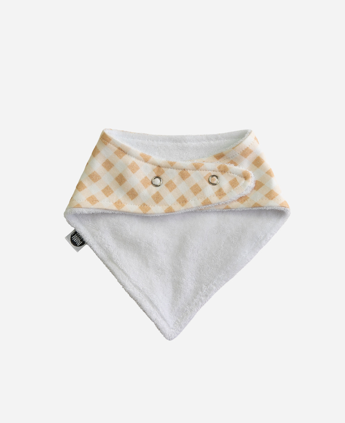 MiniMalista Babador Bandana Vichy Bege, vista de costas com os 2 botões de ajuste no pescoço. Babador de bebê em algodão, bandana bib unissex para menino e menina.