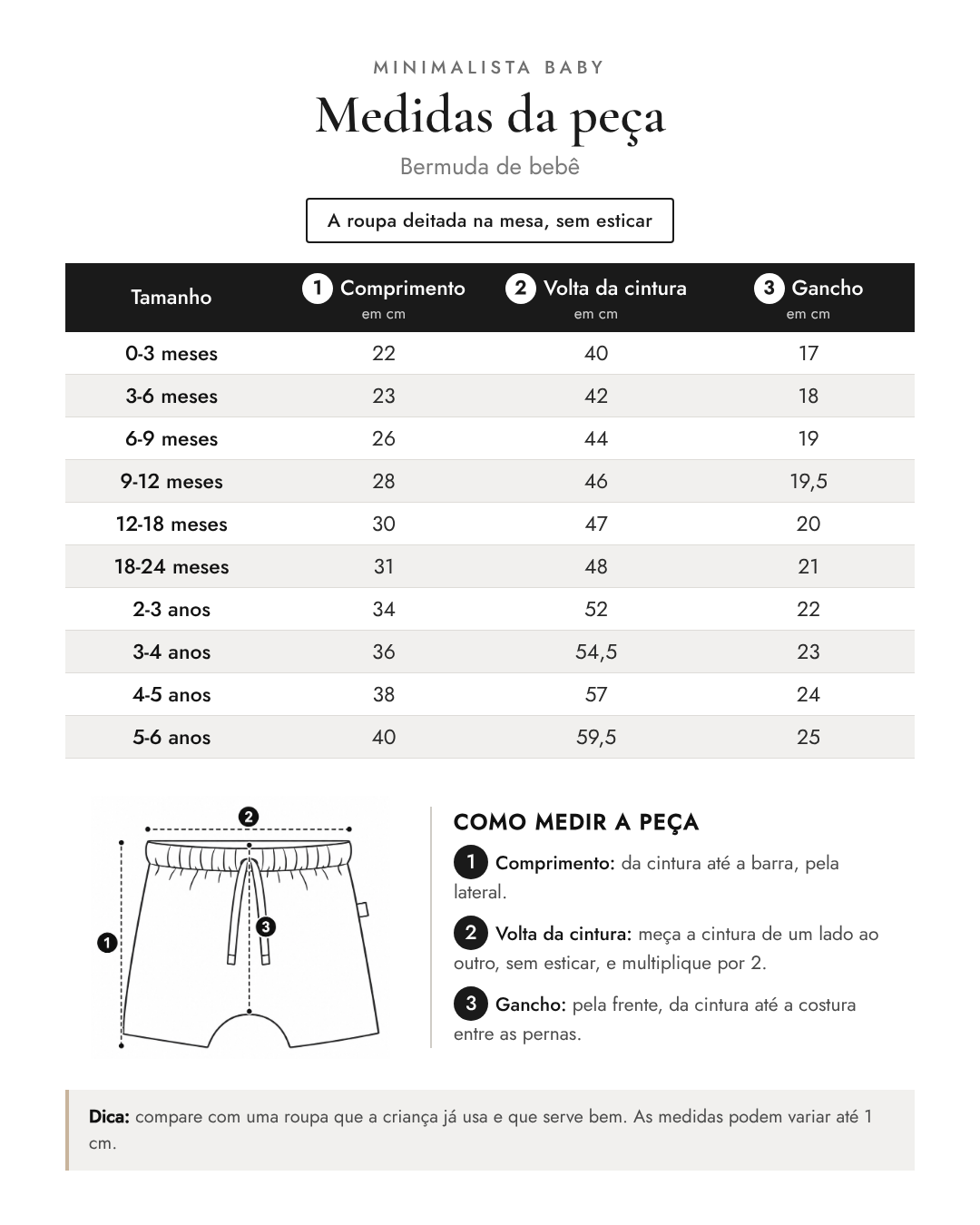 Tabela de medidas da peça | Bermuda de bebê