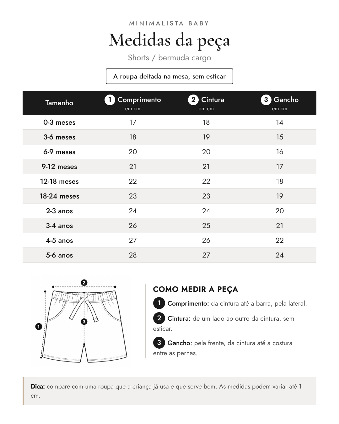 Tabela de medidas da peça | Shorts / bermuda cargo