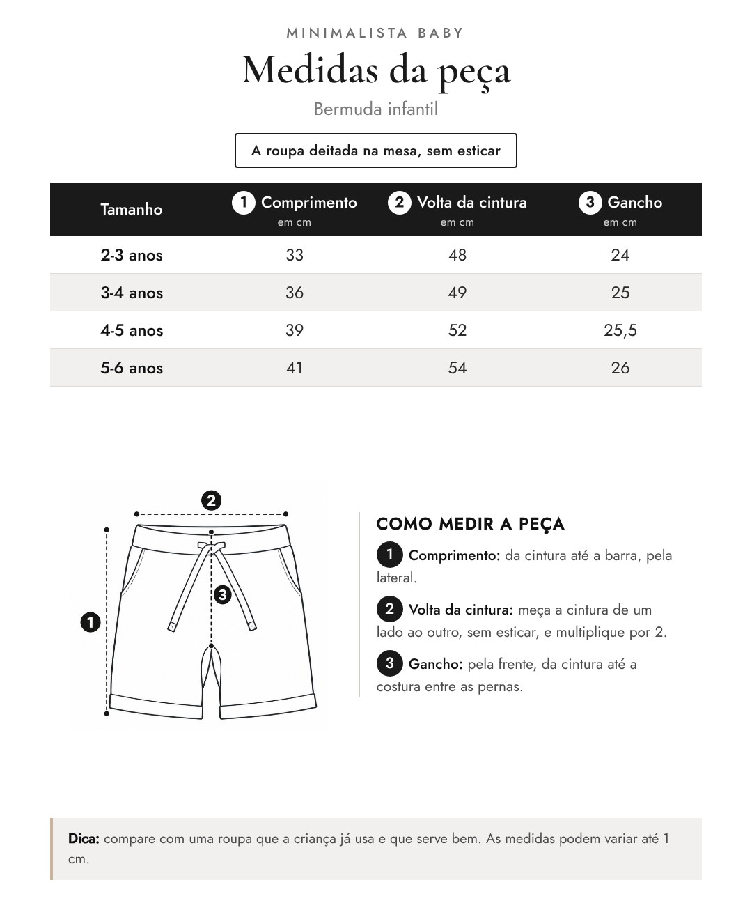Tabela de medidas da peça | Bermuda infantil