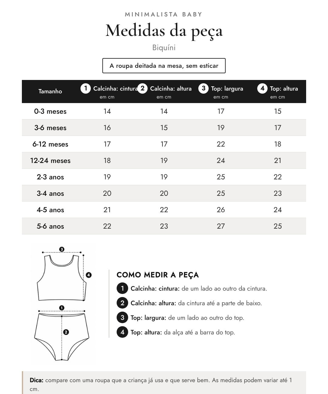 Tabela de medidas da peça | Biquíni