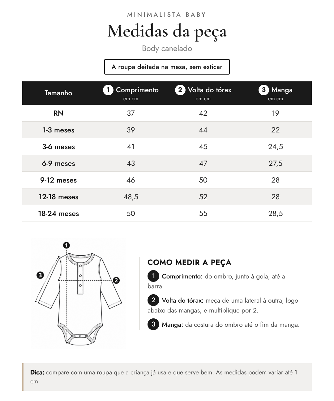 Tabela de medidas da peça | Body canelado