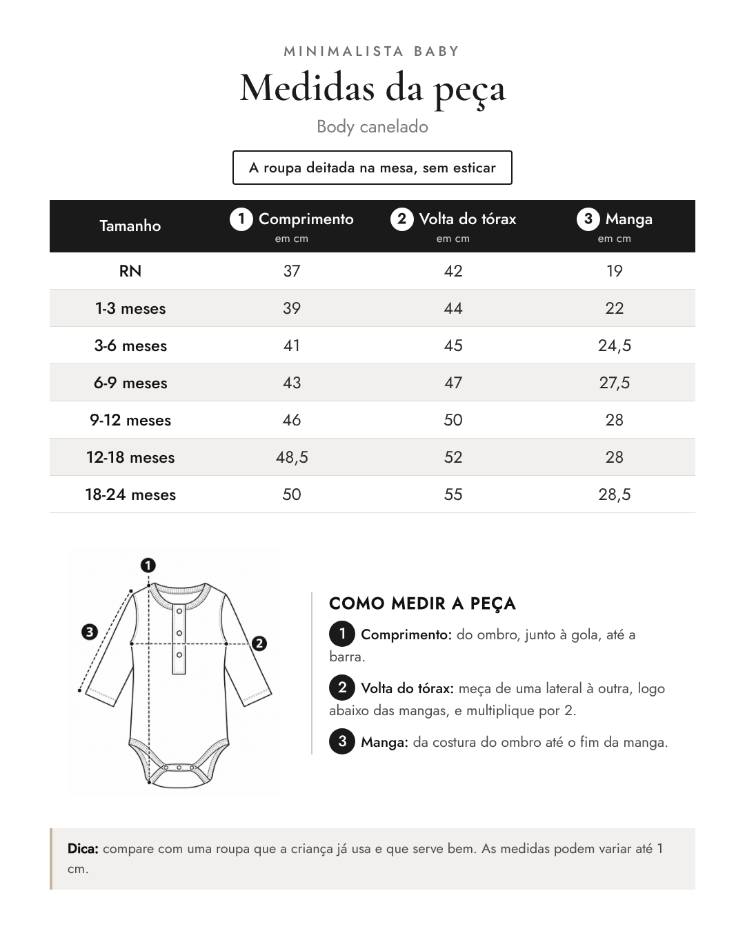 Tabela de medidas da peça | Body canelado