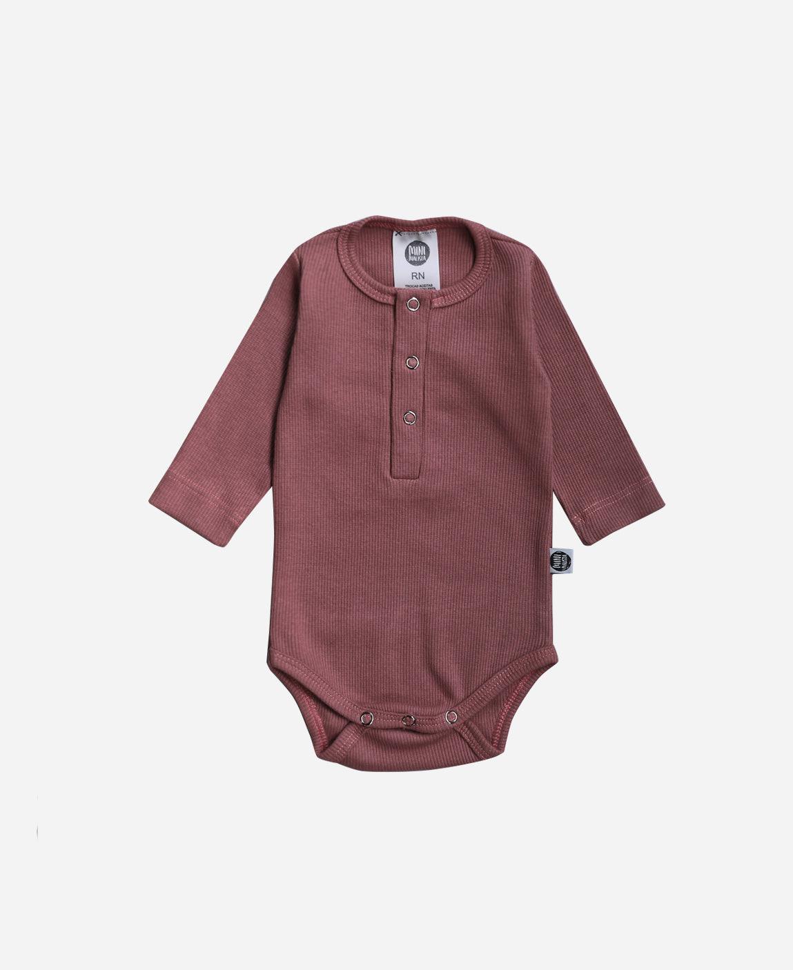 Body de Bebê Manga Longa Unissex Canelado Botões Liso MiniMalista Dark Rose - MiniMalista Baby - 0.2, 0.3, b2b, Baby, black-friday, com-desconto-mm10, Frio, Menina, tab-tam-body-botão-frontal, tab-tam-body-canelado -bebê-minimalista-estiloso