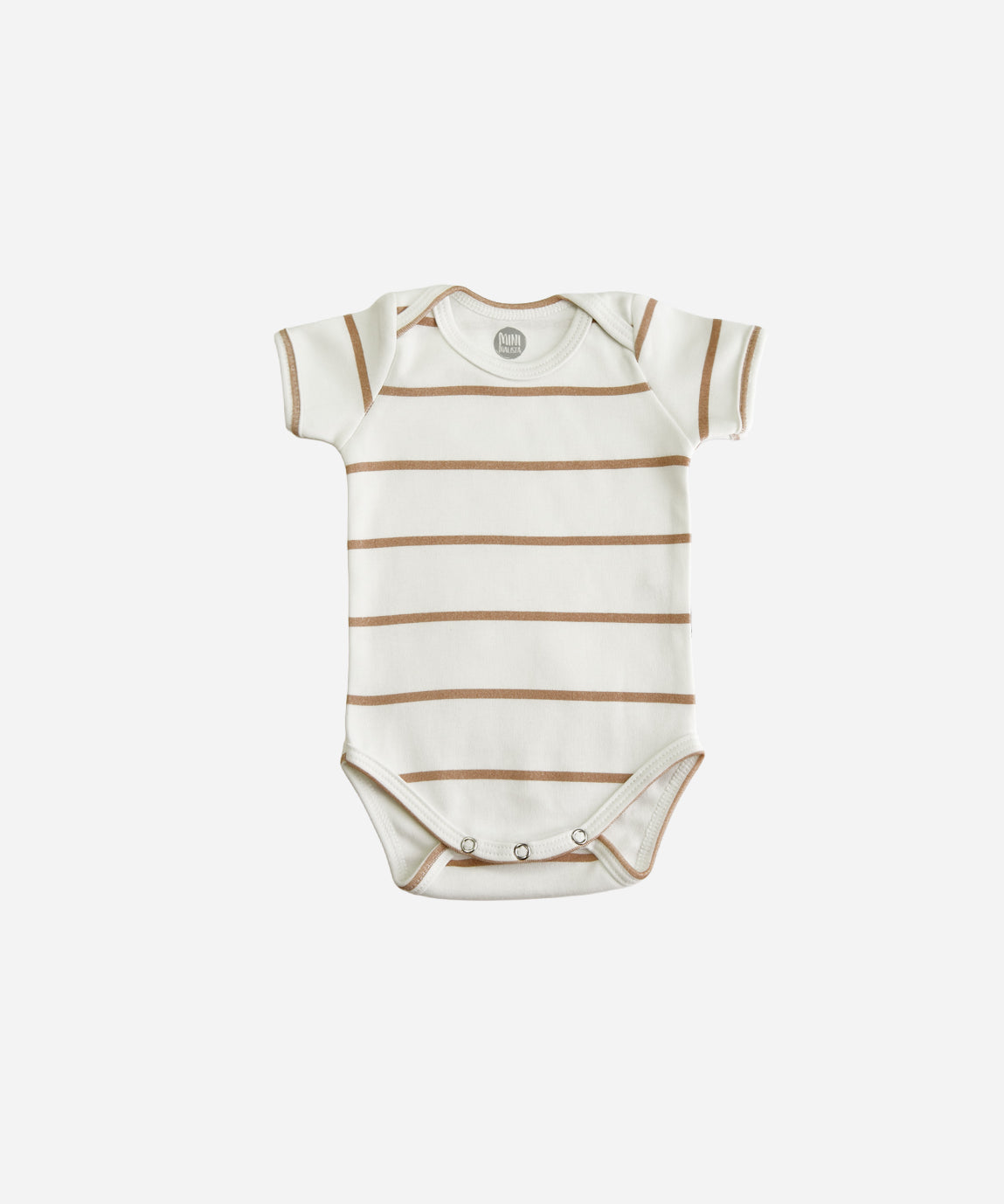 MiniMalista Body de Bebê Manga Curta Unissex em Listras Caramelo, vista frontal. Listras caramelo e Branco Off, 100% algodão. Body de bebê (onesie) unissex para menino e menina, do RN aos 18-24 meses.