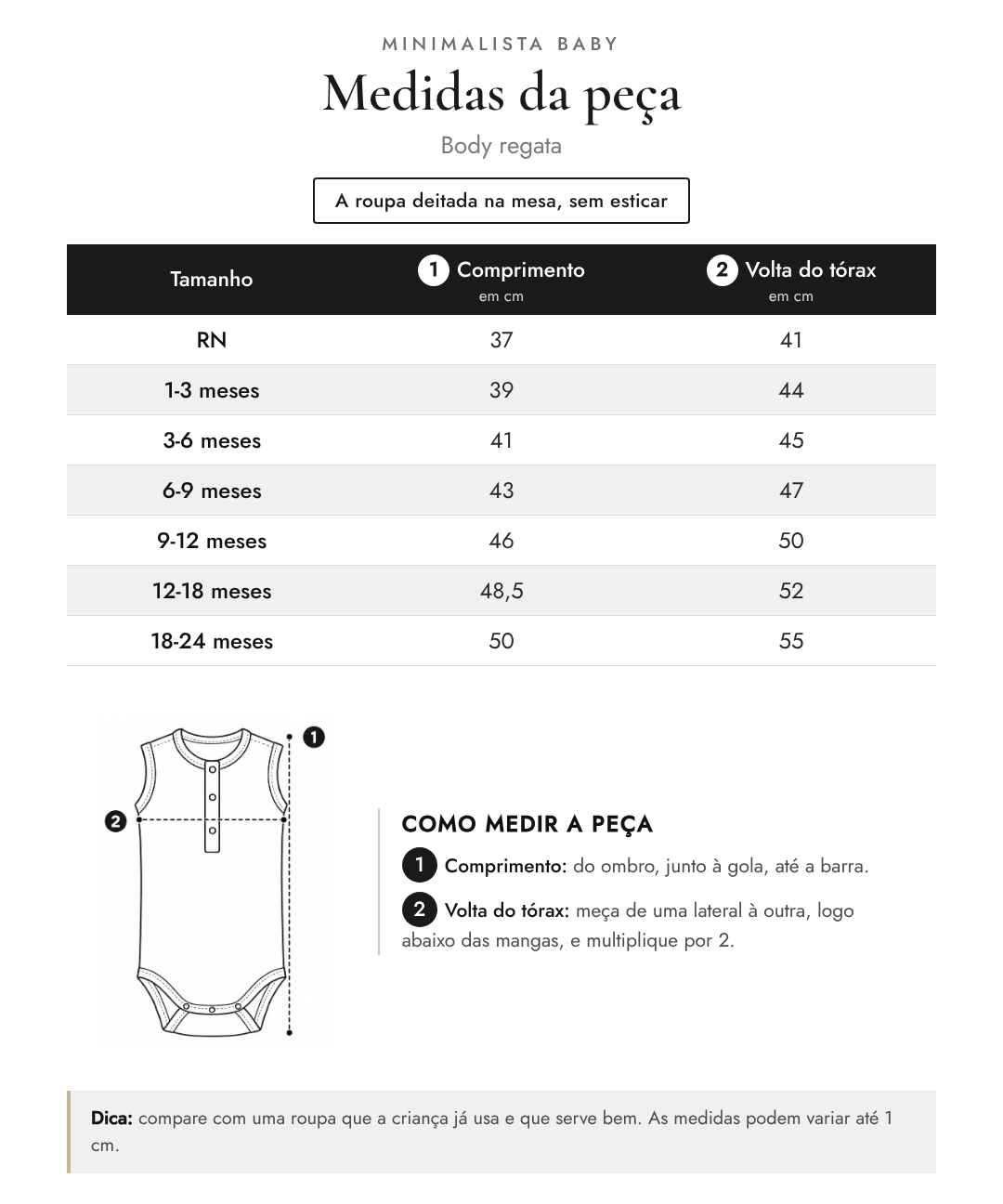 Tabela de medidas da peça | Body regata