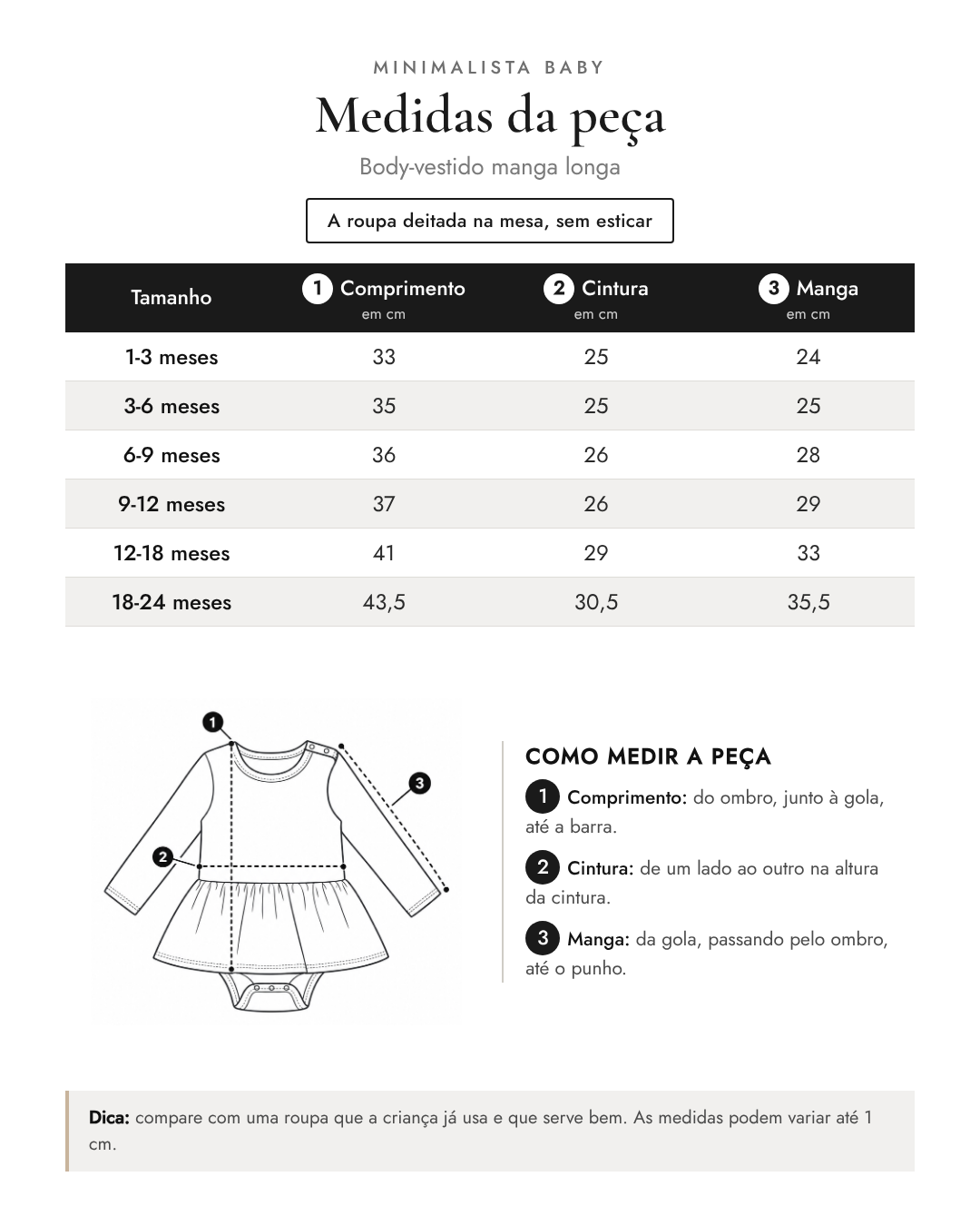 Tabela de medidas da peça | Body-vestido manga longa