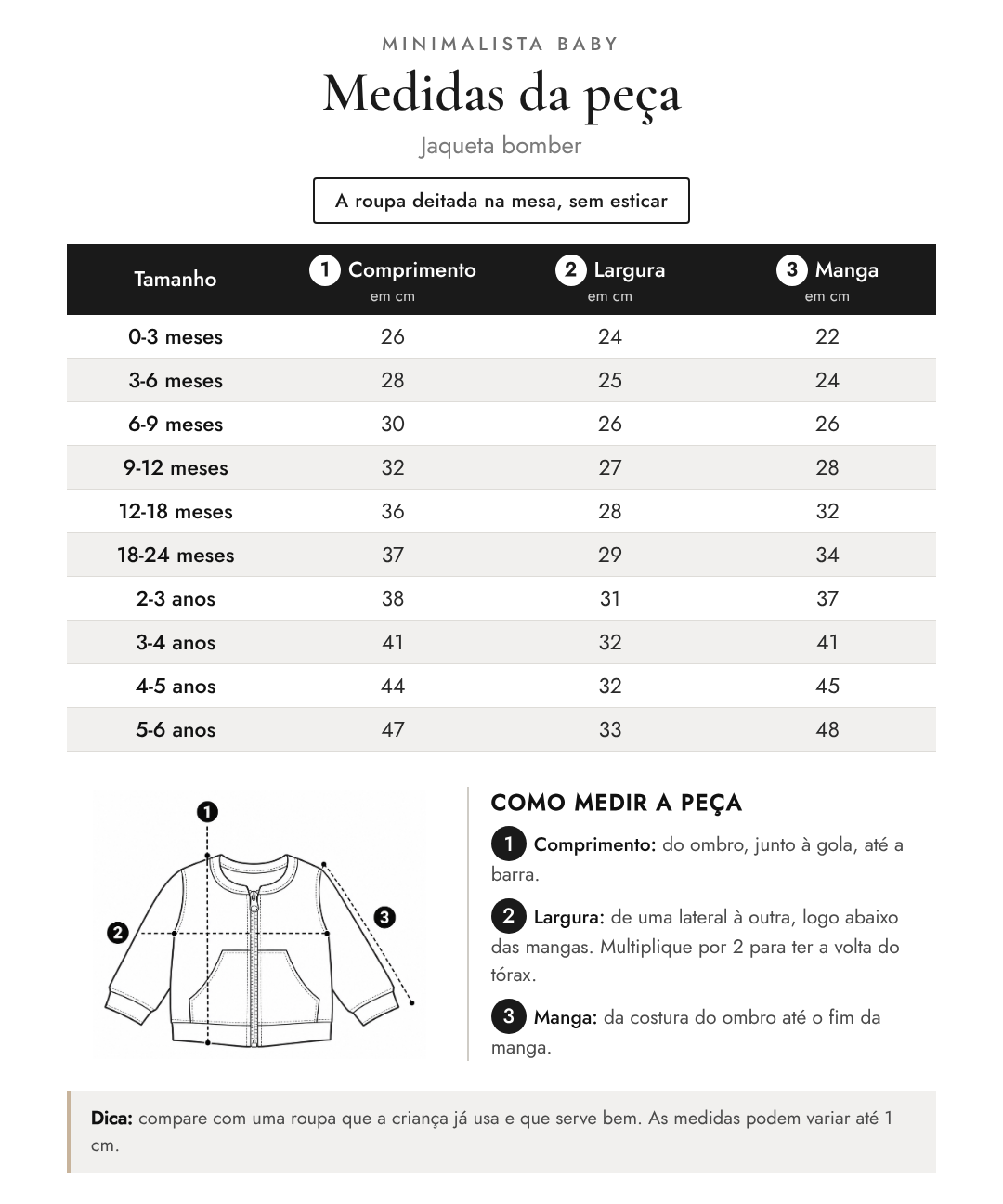 Tabela de medidas da peça | Jaqueta bomber