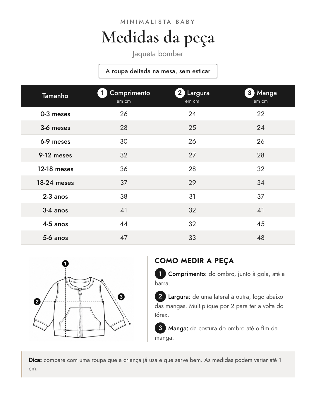 Tabela de medidas da peça | Jaqueta bomber