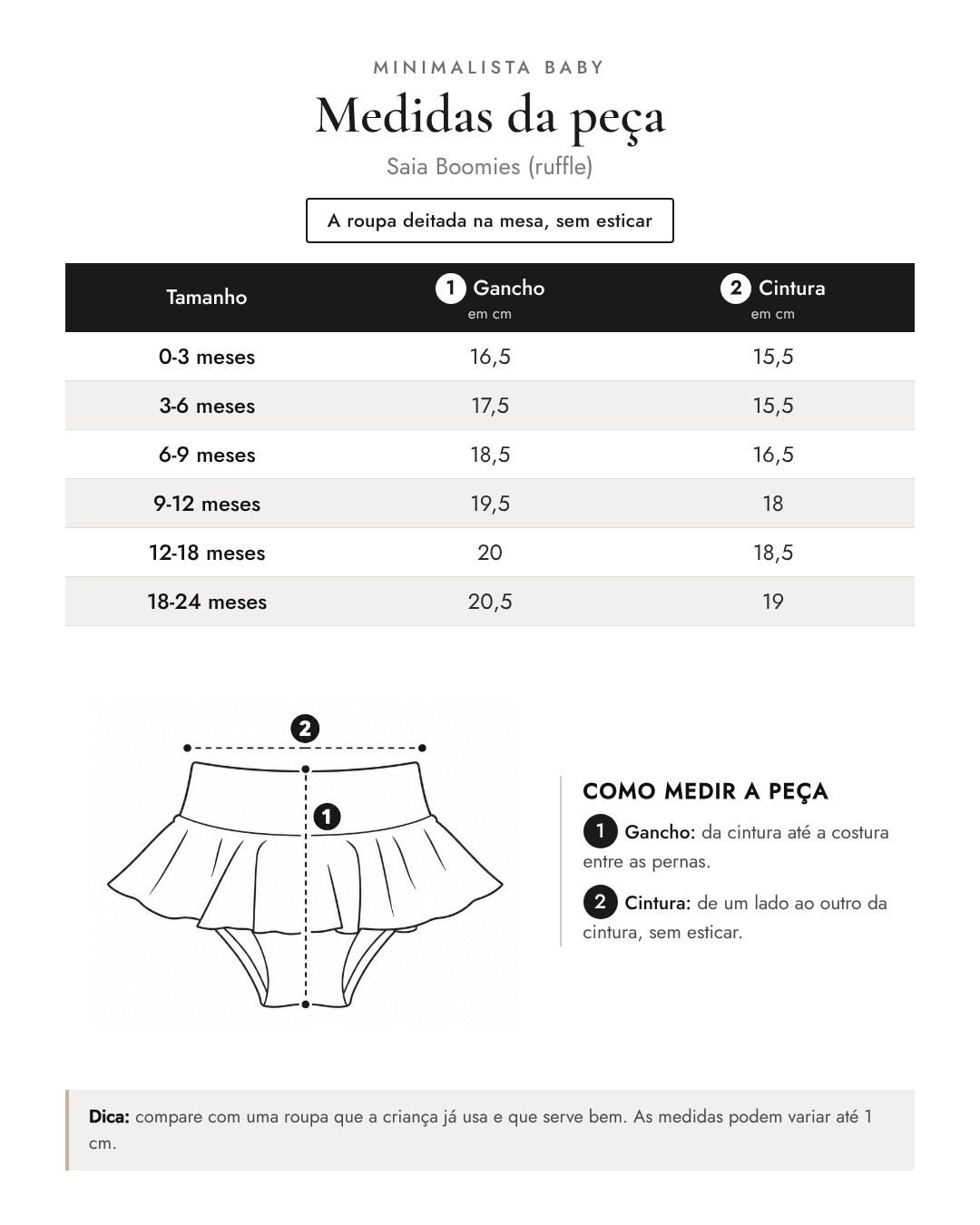 Tabela de medidas da peça | Saia Boomies (ruffle)