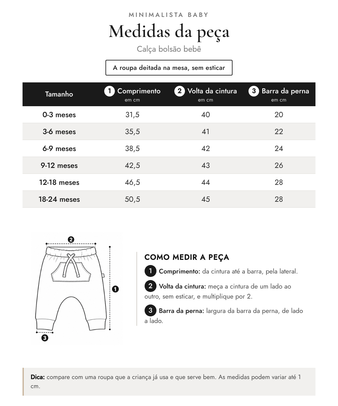 Tabela de medidas da peça | Calça bolsão bebê