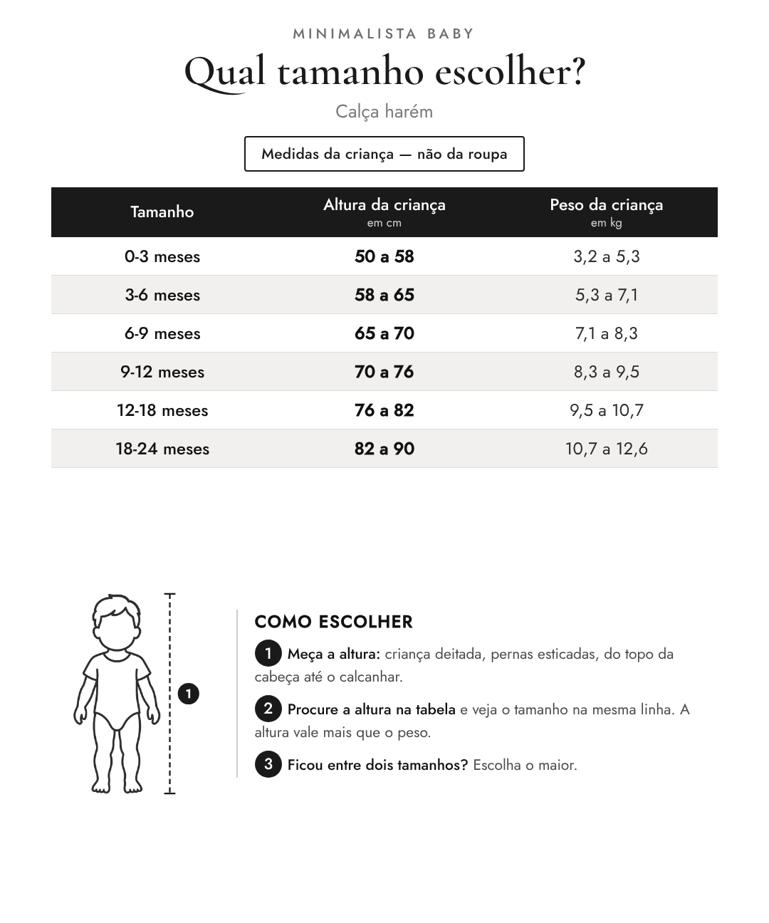Tabela de tamanhos — medidas da criança | Calça harém