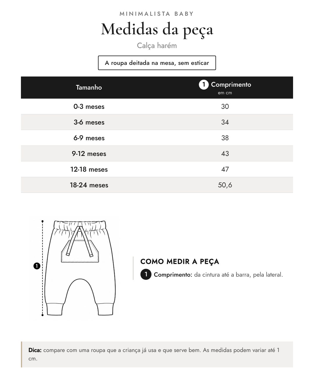 Tabela de medidas da peça | Calça harém