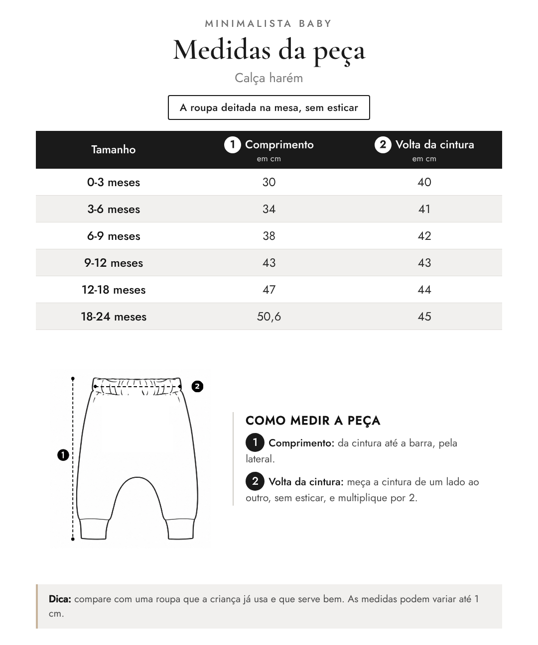 Medidas da peça - Calça harém