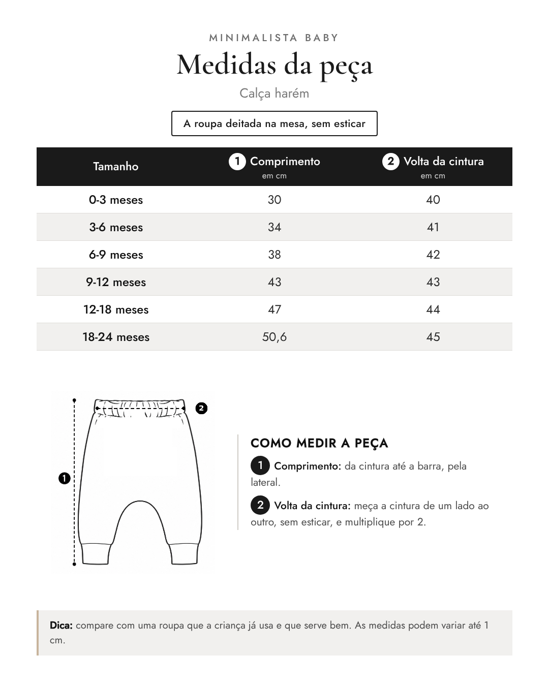 Medidas da peça - Calça harém