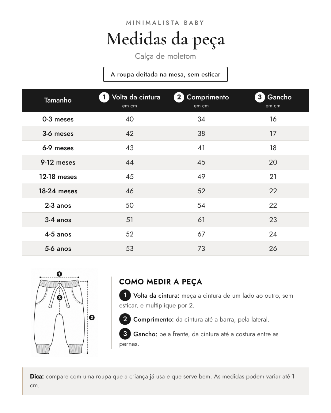 Tabela de medidas da peça | Calça de moletom