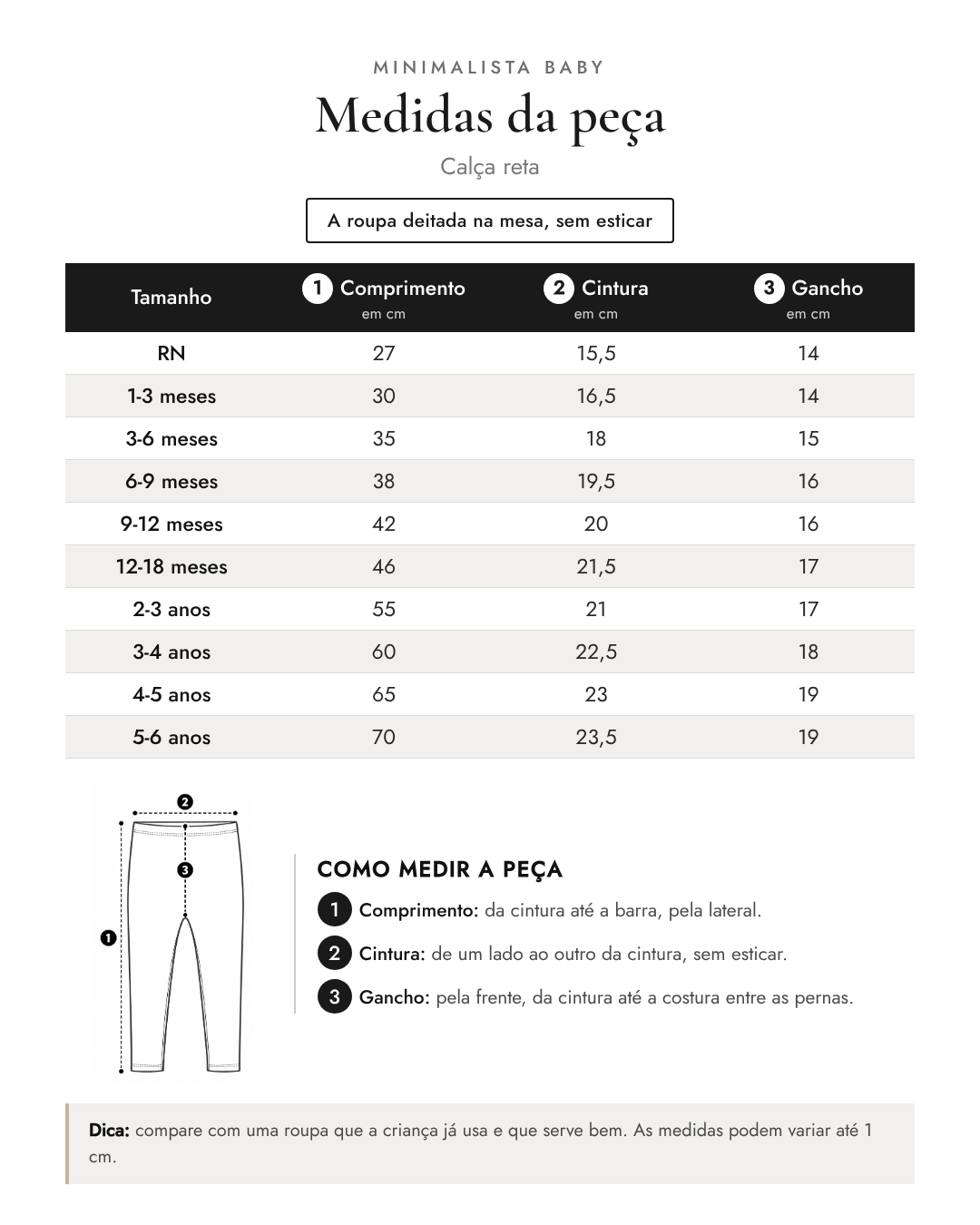 Tabela de medidas da peça | Calça reta