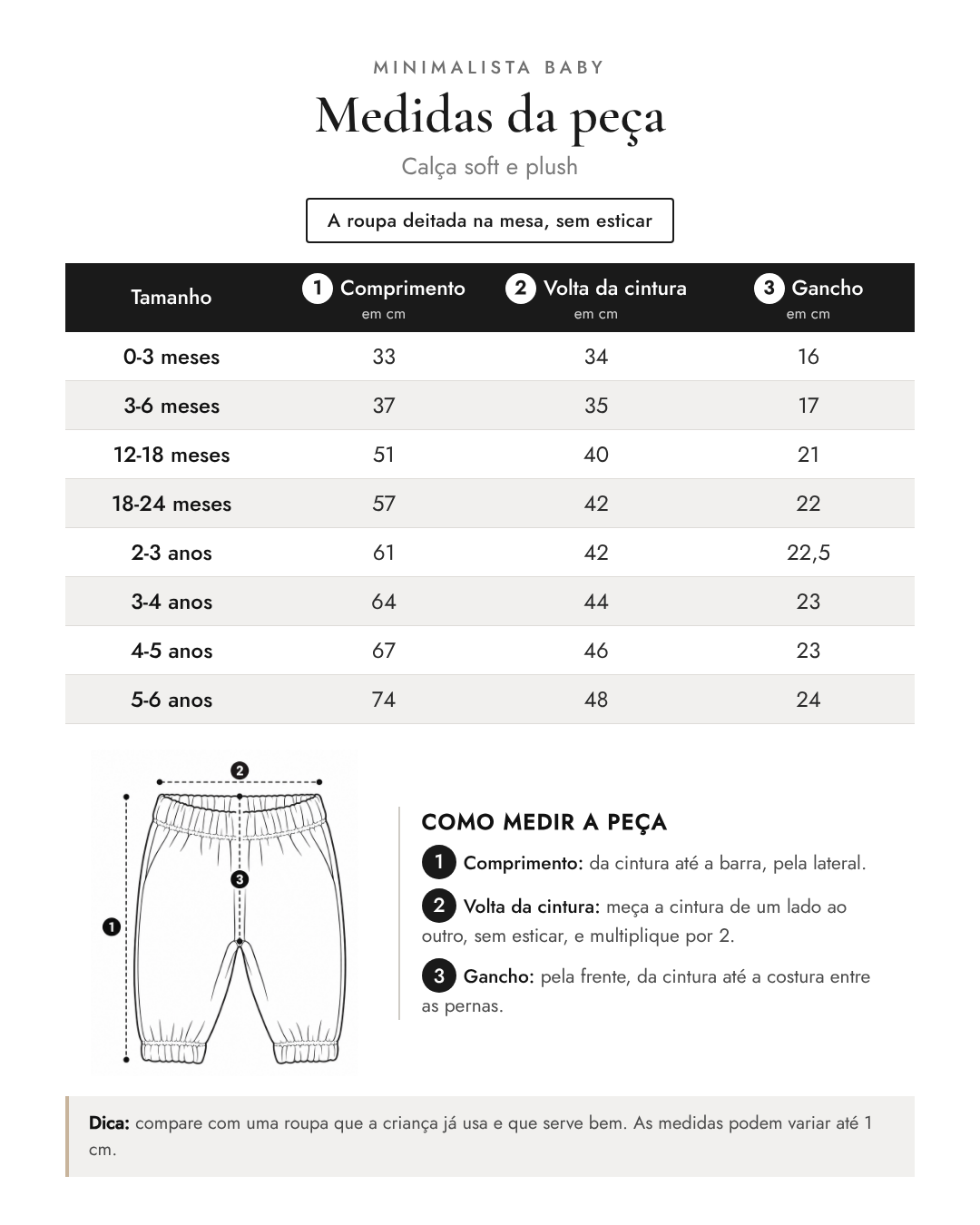 Tabela de medidas da peça | Calça soft e plush