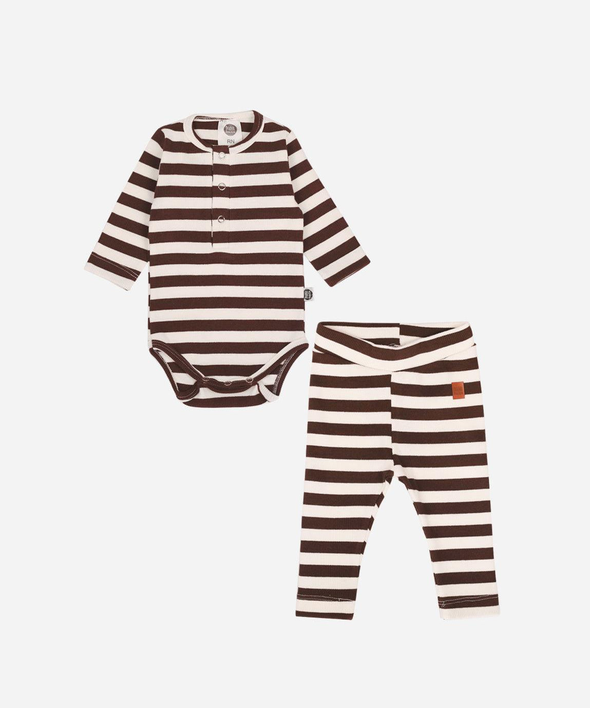 Calça Unissex Slim Canelado Listras Marrom e Branco Off - MiniMalista Baby - 0.3, 0.35, b2b, Baby, black-friday, com-desconto-mm10, Frio, Kids, Menino, Neutro, tab-tam-calça-slim, Unissex, Winter Sale 30% -bebê-minimalista-estiloso