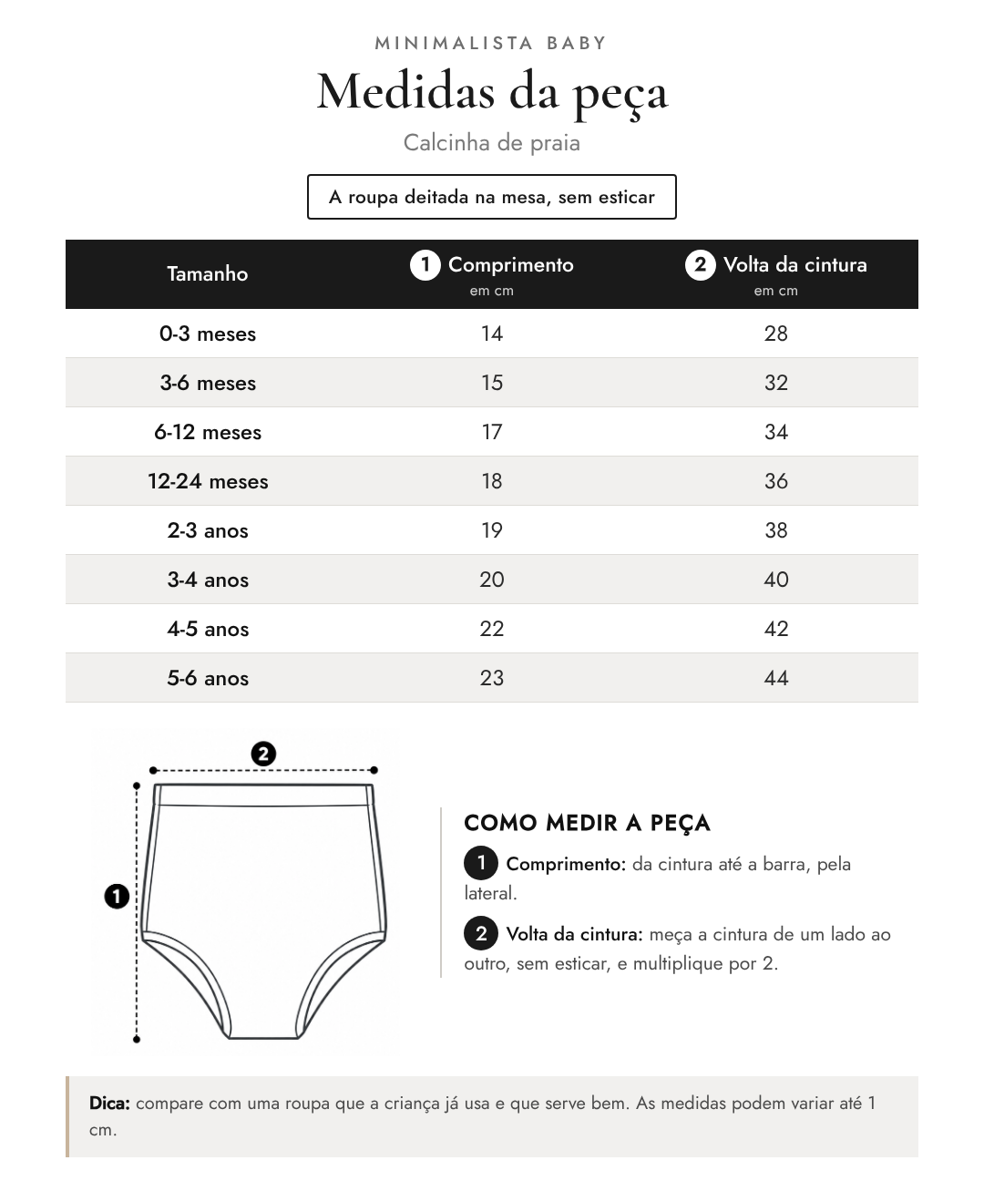 Tabela de medidas da peça | Calcinha de praia