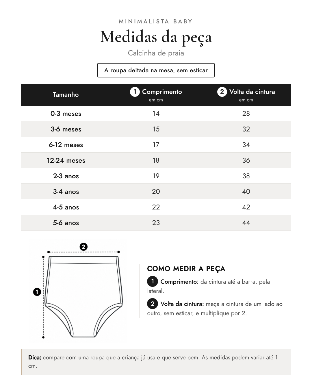 Tabela de medidas da peça | Calcinha de praia