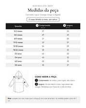 Tabela de medidas da peça | Camiseta capuz (manga longa e regata)