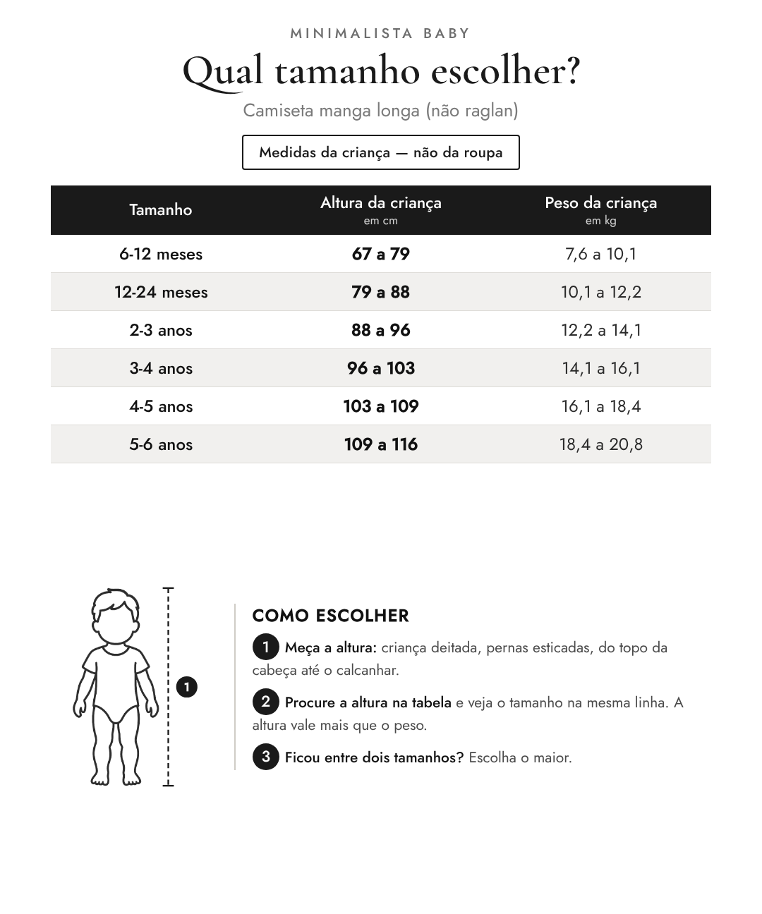 Tabela de tamanhos — medidas da criança | Camiseta manga longa (não raglan)