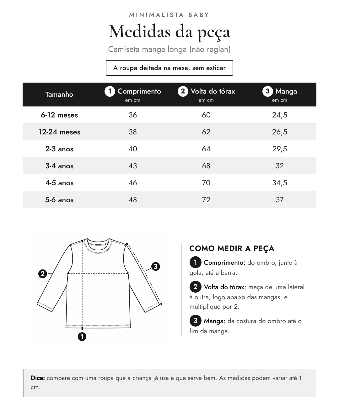 Tabela de medidas da peça | Camiseta manga longa (não raglan)