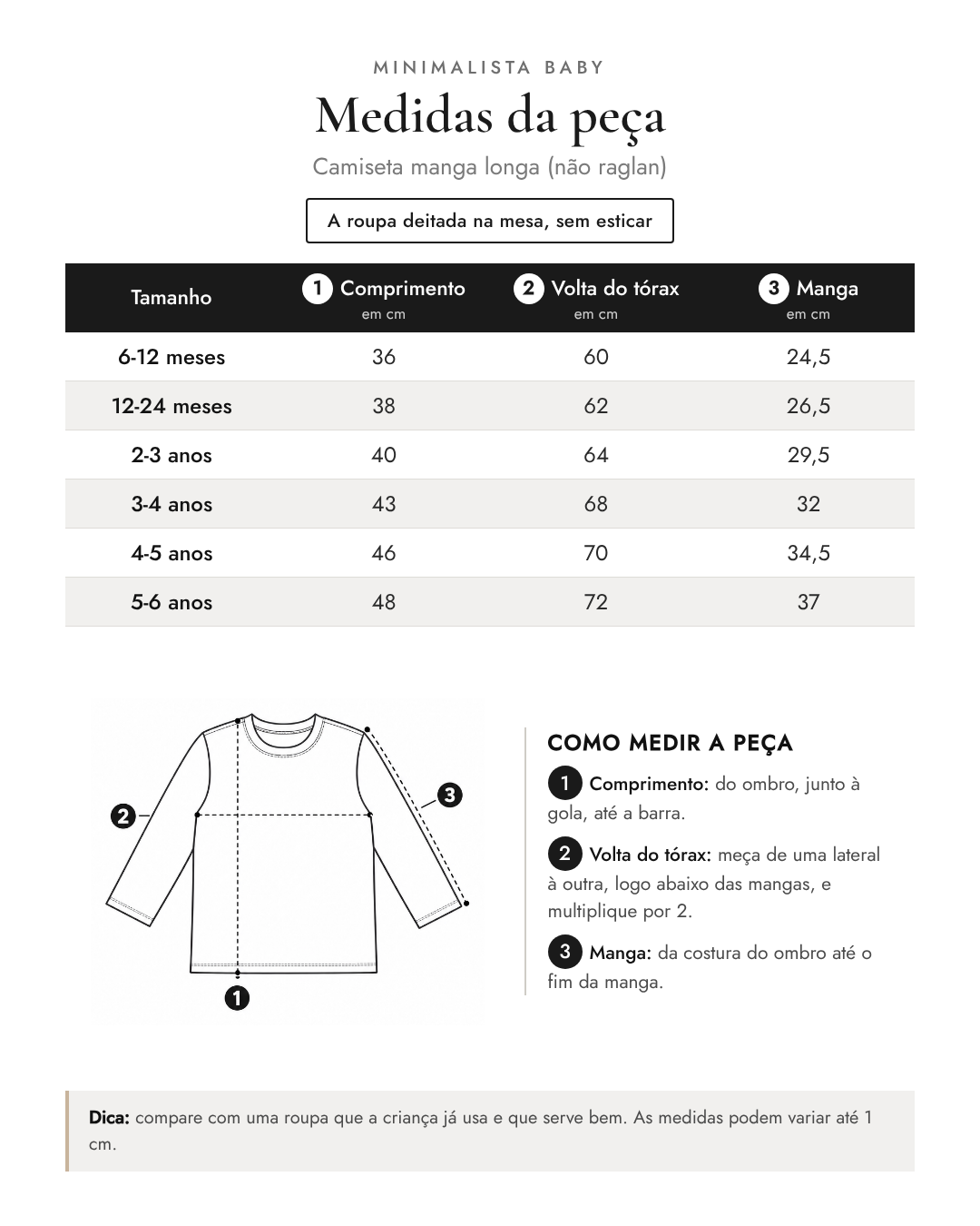 Tabela de medidas da peça | Camiseta manga longa (não raglan)