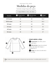 Tabela de medidas da peça | Camiseta manga longa (não raglan)