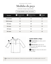 Tabela de medidas da peça | Camiseta manga longa botões