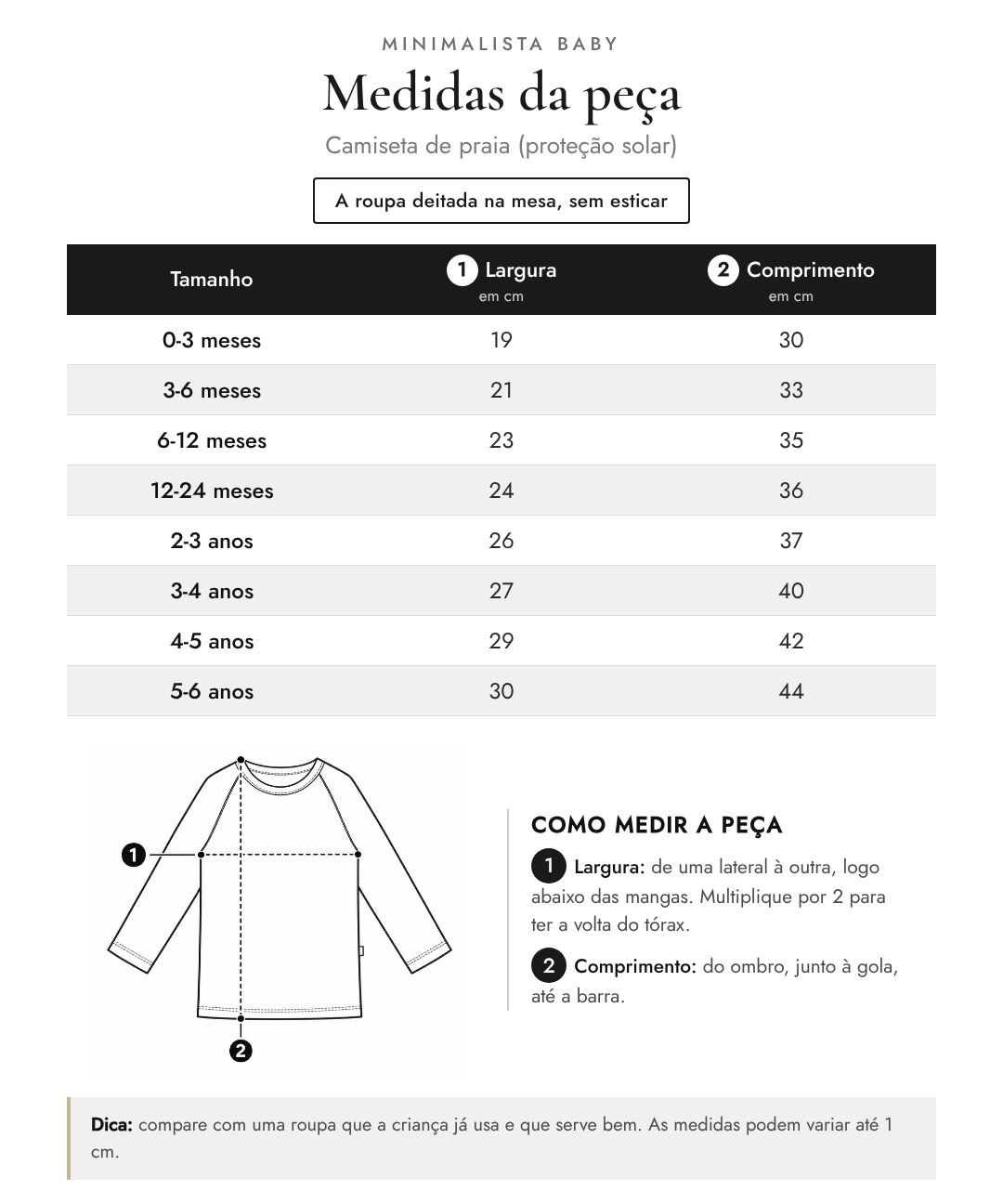 Tabela de medidas da peça | Camiseta de praia (proteção solar)
