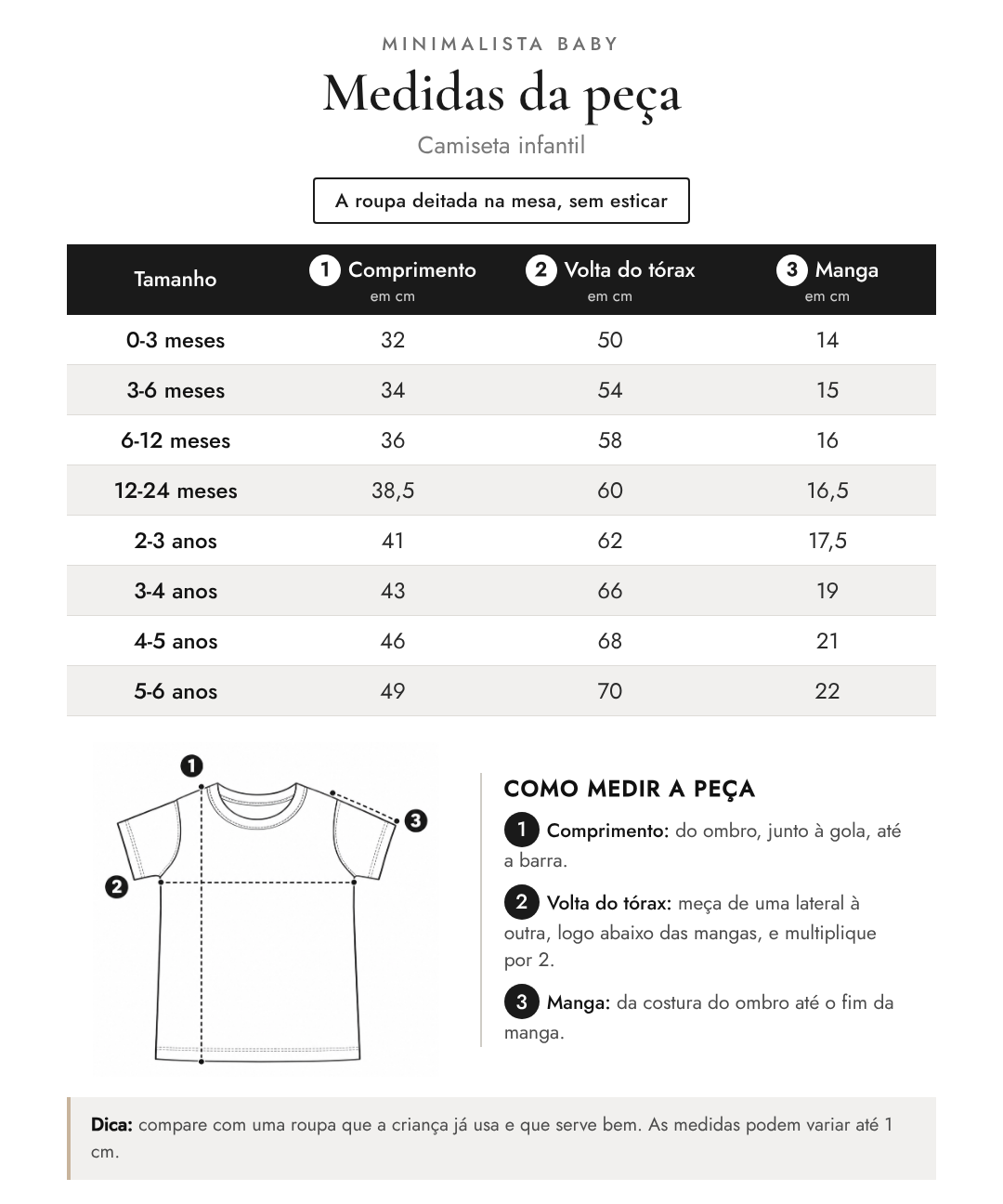 Tabela de medidas da peça | Camiseta infantil