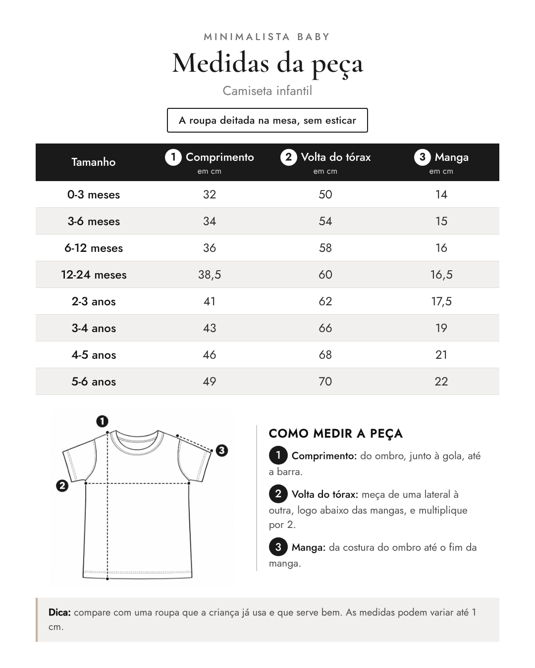 Tabela de medidas da peça | Camiseta infantil