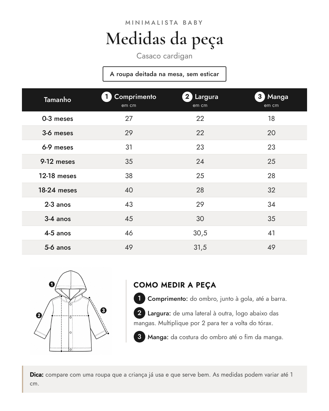 Tabela de medidas da peça | Casaco cardigan