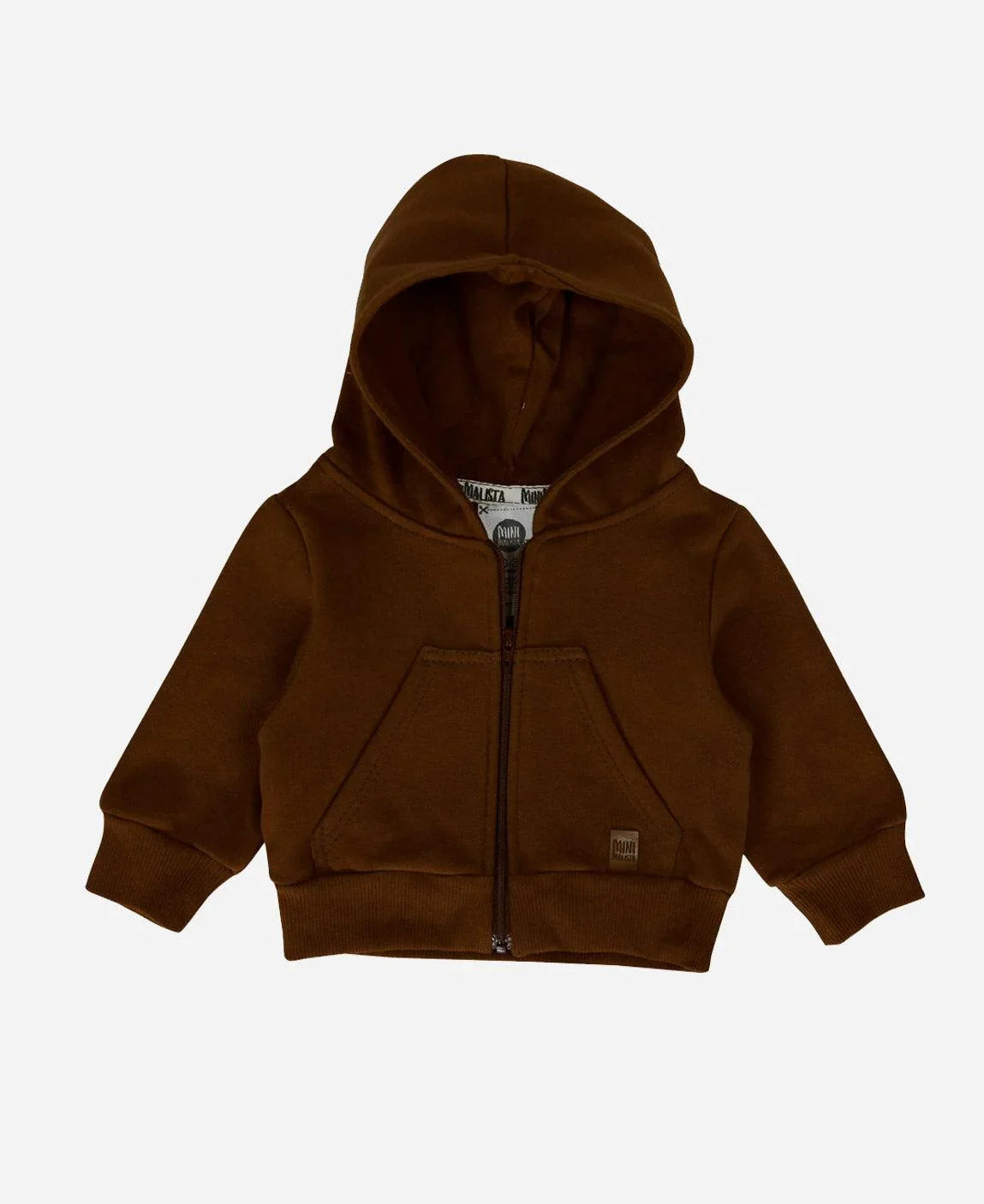 MiniMalista Casaco Moletom Capuz e Zíper Peluciado em Marrom Oak. 100% algodão peluciado antialérgico, warmth nórdica amadeirada, fundo neutro. Casaco infantil bebê e criança, hoodie unissex menino e menina, do 0-3m aos 5-6 anos.