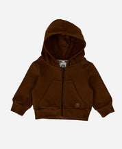 MiniMalista Casaco Moletom Capuz e Zíper Peluciado em Marrom Oak. 100% algodão peluciado antialérgico, warmth nórdica amadeirada, fundo neutro. Casaco infantil bebê e criança, hoodie unissex menino e menina, do 0-3m aos 5-6 anos.